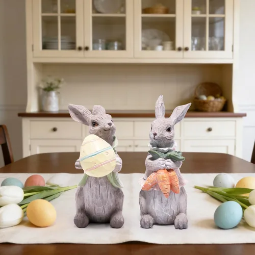 Vista 6 de Hodao Decoraciones de conejo de Pascua, decoración de primavera para el hogar, figuras de conejo, regalos (conejo gris de Pascua, 2 unidades)