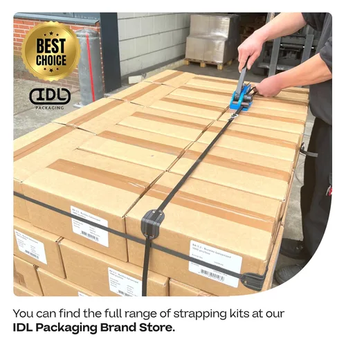 Vista 7 de IDL Packaging Kit de flejado de polietileno (PP) de grado industrial de 1/2 pulgada x 200 pies, resistencia a la rotura de 300 libras, solución