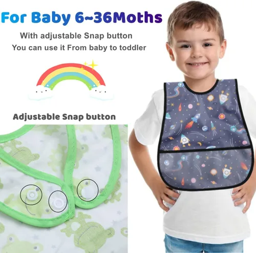 Vista 4 de Baberos para bebé impermeables, babero para niños pequeños - Babero de alimentación con bolsillo para bebé niño niña lavable 6-36M