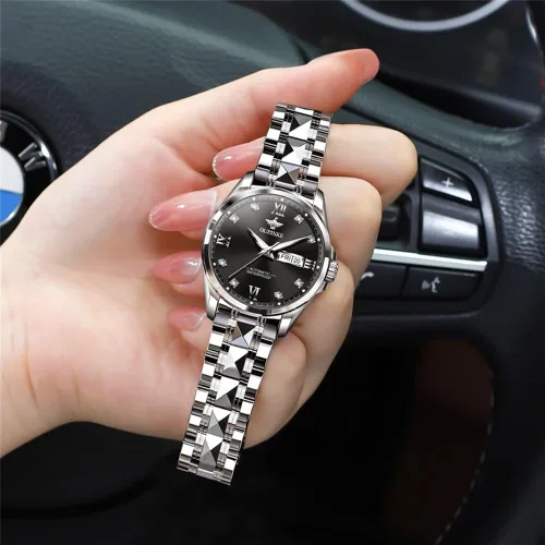 Vista 3 de OLEVS Reloj automático para mujer, color azul, dos tonos, fecha, reloj mecánico, calendario, reloj de pulsera impermeable con diamantes