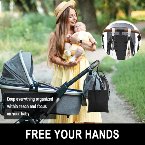 Vista 2 de Ganchos para cochecito de bebé para colgar bolsas, accesorios universales para cochecito, gancho para mamá para bolsa de pañales, carro de compras