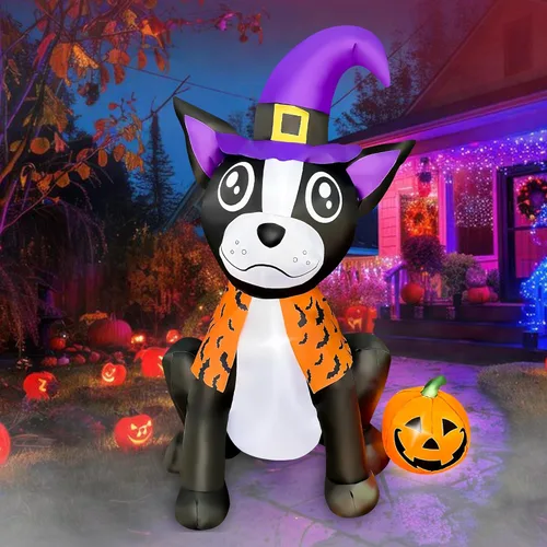 Bulldog inflable de Halloween de 4 pies con decoraciones de calabaza, luces LED, inflables de Halloween para fiesta de Halloween, interiores y