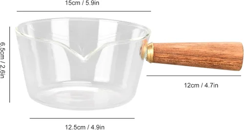 Vista 6 de Sartén para leche, olla de leche de vidrio con mango de madera antiadherente, con boquilla en forma de V, cacerola para cocinar, accesorios