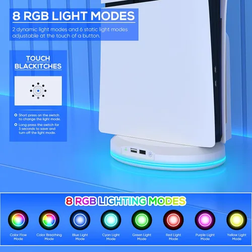 Vista 3 de FASTSNAIL Soporte vertical con ventilador de refrigeración solo para consola PS5 Slim, estación base RGB con 8 modos de luz y 2 puertos USB