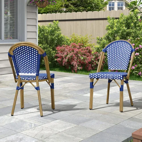 Vista 21 de PURPLE LEAF juego de 2 sillas de estilo bistró francés para patio, sillas de comedor, sillones de mimbre de aluminio tejido a mano, sillones