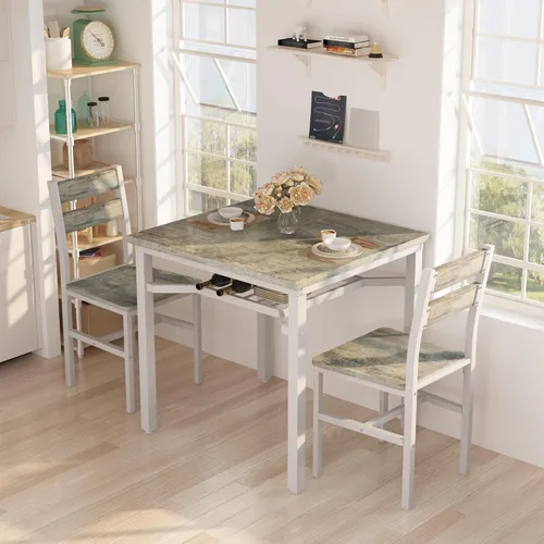 Vista 10 de Hooseng juego de mesa de comedor de 3 piezas para 2, pequeña mesa de cocina de madera con almacenamiento, juego de comedor cuadrado de estilo granja