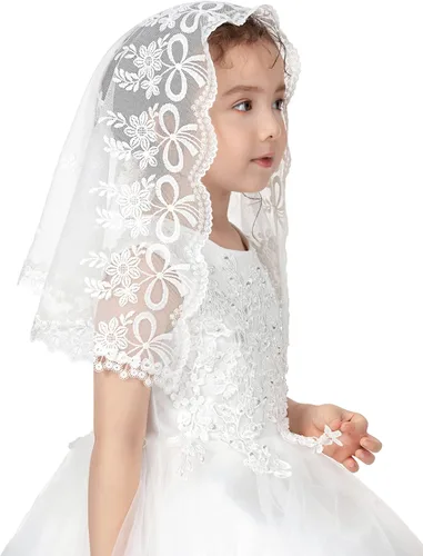 Vista 2 de PAMOR Velos de primera comunión para niñas, velo de capilla de encaje, velos de mantilla, velo de iglesia latina para bautismo católico en forma de D