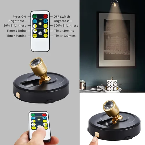 Vista 2 de Paquete de 2 Focos LED Inalámbricos a Batería para Cuadros, Luces de Disco con 2 Controles Remotos, Foco Adhesivo Regulable con Temporizador