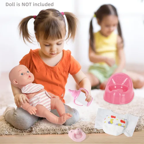 Vista 4 de Juego de accesorios realistas para muñecas de bebé, juguetes para muñecas de 12 pulgadas, incluye orinal de muñeca, babero, chupete, pañal