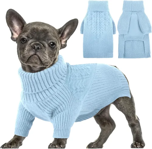 Queenmore Suéter de invierno para cachorros – Suéter cálido de invierno para perros medianos y medianos, manga larga, cuello alto, azul, XS