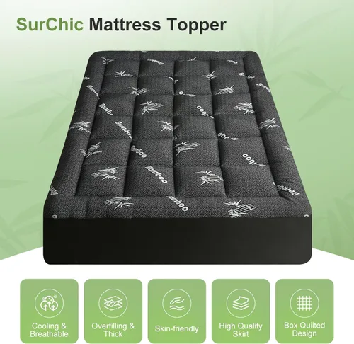 Vista 4 de Cubrecolchón tamaño Twin de viscosa derivada del bambú, almohadilla superior suave y gruesa tipo Pillow Top para colchón para dolor de espalda