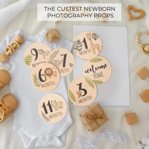 Vista 6 de Tarjetas de Hitos Mensuales para Bebé - 7 Círculos de Madera con Marcadores de Animales de Doble Cara, Discos para Fotografía de Recién Nacidos