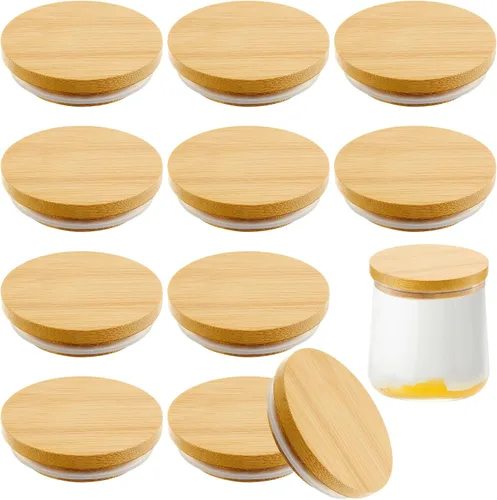 Vista 7 de Juego de tapas para tarros de yogur Sawysine, reutilizables, de bambú y madera, redondas, con anillos de sellado de silicona, compatibles con tarros