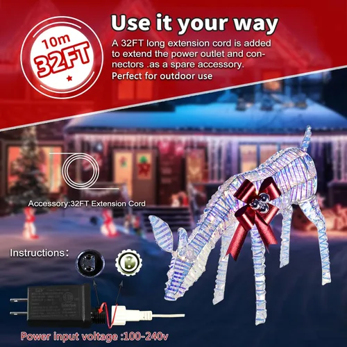 Vista 5 de Decoraciones navideñas para exteriores, familia de renos, decoración navideña iluminada, ciervos iridiscentes, 3 piezas con luces LED, cable