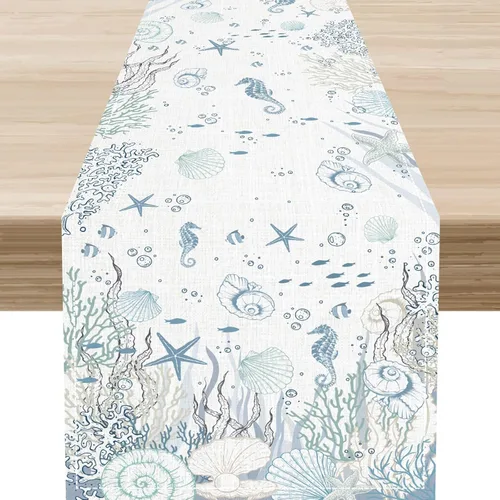 Vista 18 de Camino de mesa costero, playa de verano, estrellas de mar, caballito de mar, conchas de mar, azul, coral, náutico, tropical, océano, decoración