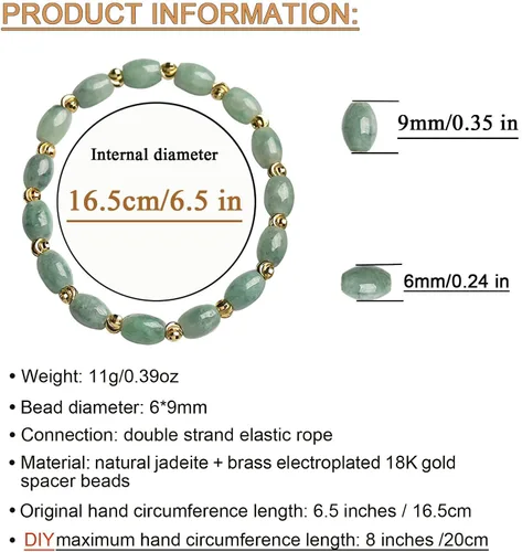 Vista 8 de Pulsera de jade para mujer, pulseras con cuentas, cuentas naturales de jade de 6 * 9 mm, cuentas espaciadoras de latón chapadas en oro de 18k