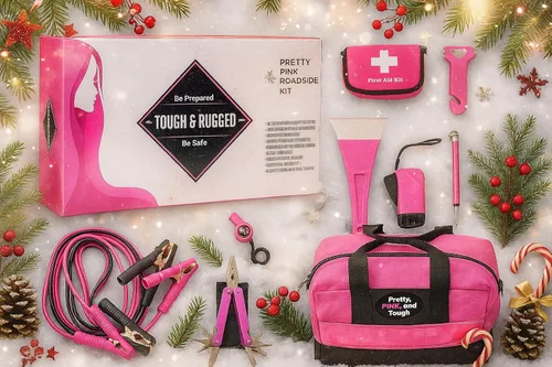 Vista 3 de Pretty Pink - Kit de emergencia rosa para adolescentes y mujeres, accesorios de coche para mujeres, bolsa de transporte duradera con cables