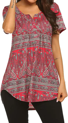 Vista 4 de Blusón plisado de manga corta con estampado floral y cuello Henley en V para mujer, con vuelo.