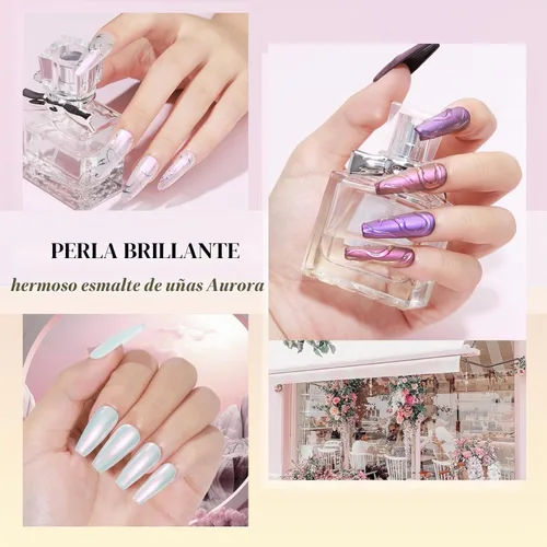 Vista 8 de Esmalte de uñas de secado rápido, efecto sirena aurora, esmalte de uñas de perlas brillantes de secado al aire, 0.4 fl oz, esmalte de uñas para arte