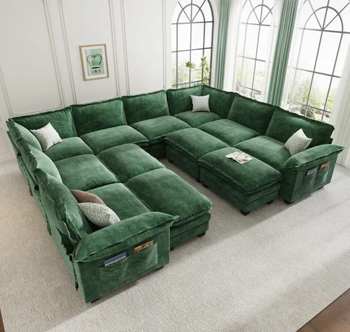 Vista 45 de KKL Sofá cama modular seccional, sofá de nube de 4 plazas con otomana, sofás seccionales de felpilla para sala de estar, apartamento, beige