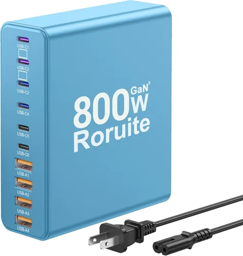 Vista 10 de Estación de carga USB C de 800 W, 120 W PD GaN5 cargador USB C súper rápido, bloque de 10 puertos, tipo C para PC, laptop, MacBook Pro/cargador