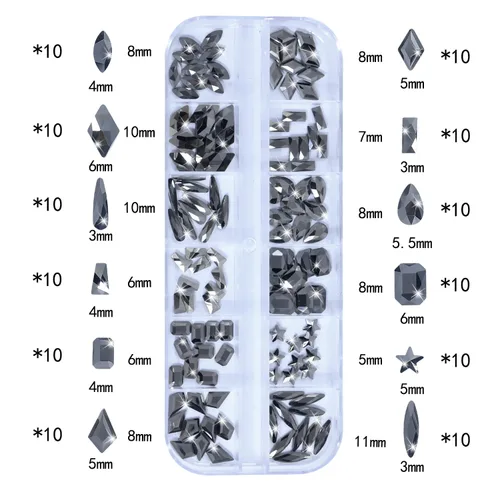 Vista 2 de HNUIX Diamantes de imitación para uñas, tamaño 3D, gemas de uñas gris mineral de cristal, parte trasera plana, con kit para arte de uñas