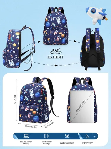Vista 4 de Mochila escolar negra para niños, mochila impermeable duradera con compartimento para laptop, Mochila Azul Espacio, Moderno