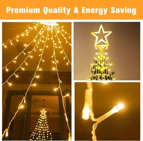 Vista 2 de Decoraciones Navideñas para Exteriores Luces de Cadena de Estrellas, 317 LED 11.5 pies Luces de Cascada para Árbol con 8 Modos de Iluminación
