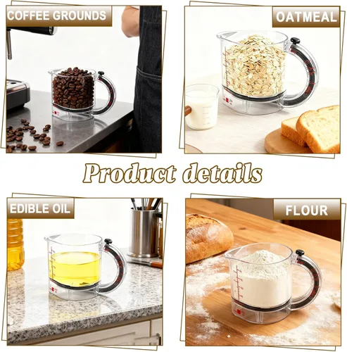Vista 4 de Taza medidora ajustable 4 en 1, tazas medidoras multifuncionales todo en uno con base ajustable y raspador para ingredientes pegajosos húmedos