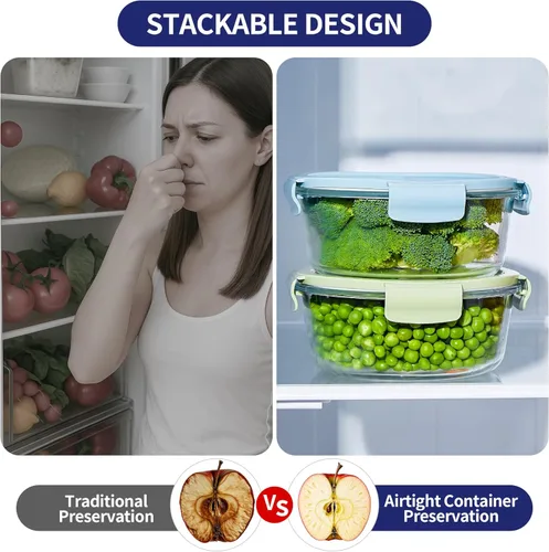 Vista 4 de 8 piezas de recipientes redondos de vidrio con tapas herméticas, juego de recipientes de almacenamiento de vidrio de 4 tazas, recipientes