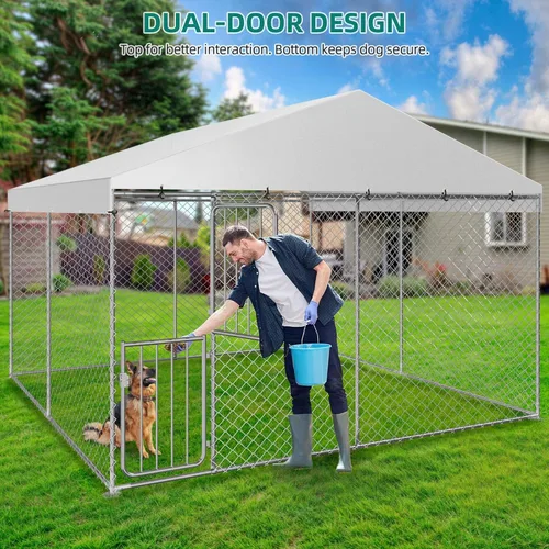 Vista 2 de YITAHOME Perrera grande para perros al aire libre de 9.8 x 9.8 x 7.1 pies, corral grande para perros con cubierta de techo impermeable resistente a
