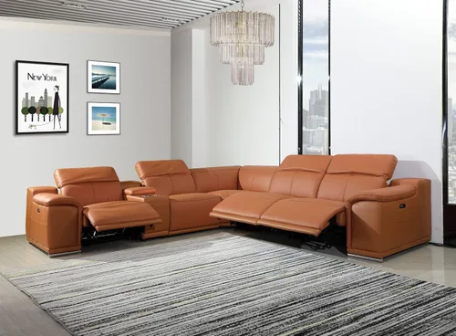 Vista 100 de BlackJack Furniture Venice - Sofá modular de cuero italiano de grano superior de 5 piezas con 3 reclinables eléctricos, reposacabezas ajustable
