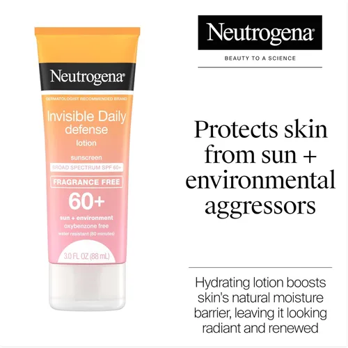 Vista 2 de Neutrogena Invisible Daily Defense Loción de protección solar sin fragancia, amplio espectro SPF 60+, sin oxibenzona y resistente al agua