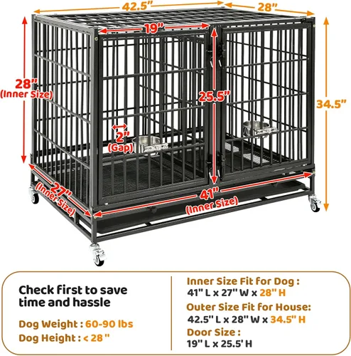 Vista 5 de Homey Pet Jaula Transportín Perrera Apilable para Perros de 43 Pulgadas para Interiores con Divisor, 2 Cuencos de Acero, 4 Ruedas con Bloqueo