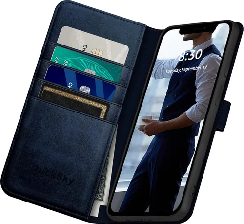 Vista 5 de DuckSky Funda tipo cartera de piel auténtica para iPhone 11 con bloqueo RFID, 4 tarjeteros de crédito. Cuero auténtico. Funda protectora para iPhone