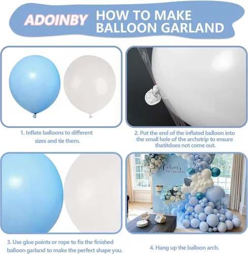 Vista 3 de Kit de Arco de Globos Azul y Blanco ADOINBY, 140 Piezas Kit de Guirnalda de Globos Pastel Azul Claro y Blanco, Globos de Diferentes Tamaños de 18 12