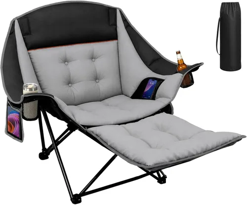 Suteck Silla de camping con reposapiés, sillas plegables acolchadas de gran Negro-gris
