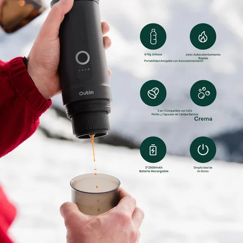 Vista 3 de OutIn Nano - Máquina portátil eléctrica de café expreso, cafetera de viaje para acampar, cafetera de coche autocalentante con USB-C, con café molido