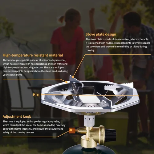 Vista 3 de Estufa de propano para acampar con quemador de propano, estufa de propano con parte superior de botella de un solo quemador, llama ajustable