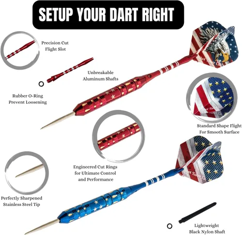 Vista 3 de Juego de dardos de punta de acero – Dardos profesionales de punta de acero para diana – incluye cañones de latón + ejes de plástico y aluminio +