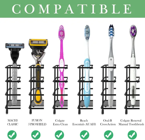 Vista 2 de Linkidea Soporte de pared para cepillos de dientes para ducha, soporte de cepillo de dientes de acero inoxidable, organizador de 3 ranuras para Negro