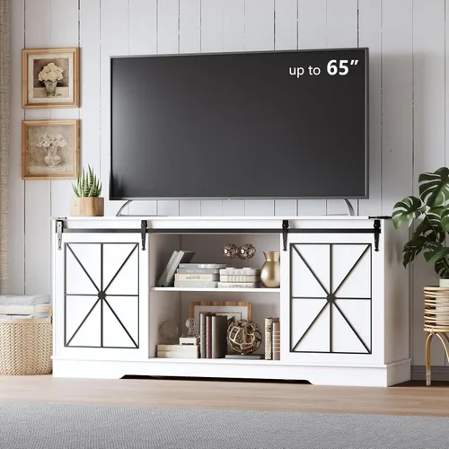 Vista 9 de Soporte de TV estilo granja para televisores de 65/60/55 pulgadas, centro de entretenimiento rústico con gabinetes de almacenamiento y puertas
