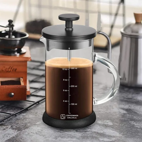 Vista 7 de YMMIND Cafetera de prensa francesa de 12 onzas, cafetera de té espresso con sistema de 4 filtros, émbolo de acero inoxidable y vidrio