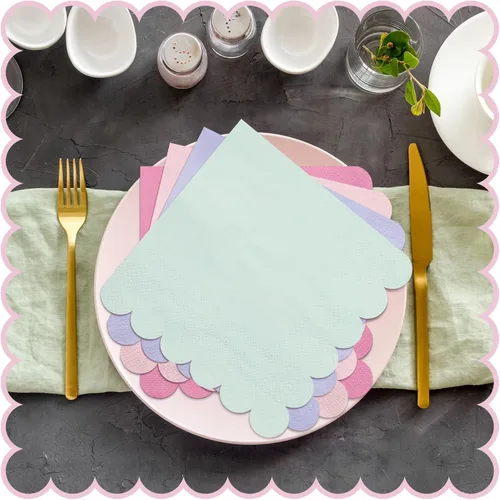 Vista 7 de Kosiz 100 servilletas de cóctel con bordes festoneados de 5 x 5 pulgadas, servilletas de papel pastel desechables a granel para 4 colores macarrón