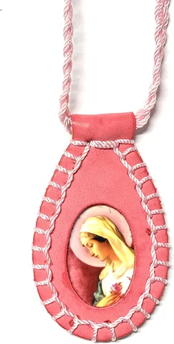 Collar Escapulario de cuero fucsia rosa místico Virgen María Rosa Caliente Escapulario Virgen Rosa Mistica Collar, Cuero, No es una piedra preciosa