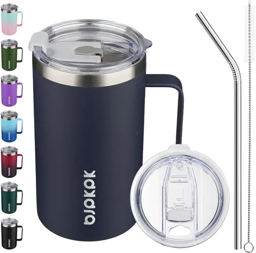Vista 20 de BJPKPK Taza de café aislada con 2 tapas, vaso aislado de acero inoxidable de 25 onzas con asa, tazas de café de doble pared con aislamiento al