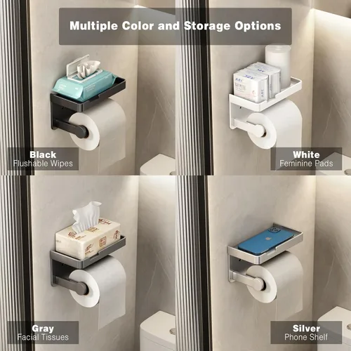 Vista 5 de VOLDRA Soporte de papel higiénico con estante para teléfono, soporte de papel higiénico autoadhesivo o con tornillos, soporte de rollos de papel