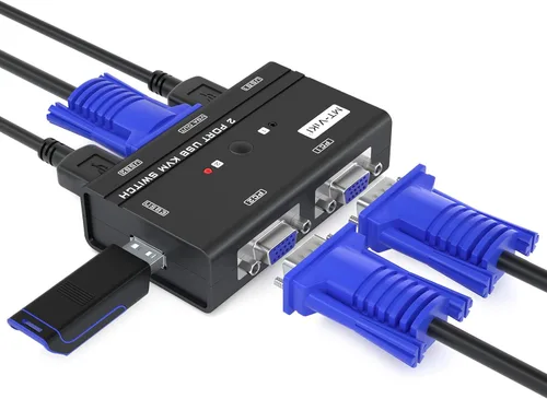 MT-VIKI Conmutador KVM VGA, conmutador KVM USB VGA de 2 puertos para 2 ordenadores Comparte 1 Monitor Teclado Mouse Impresora, + 2 Cables KVM