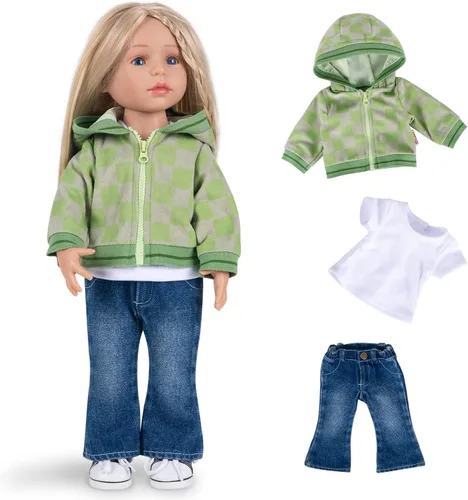 Vista 10 de Rakki Dolli Conjunto de ropa de muñeca de 3 piezas, abrigo marrón, jeans azules y camiseta blanca para muñeca de bebé (sin muñeca y zapatos)