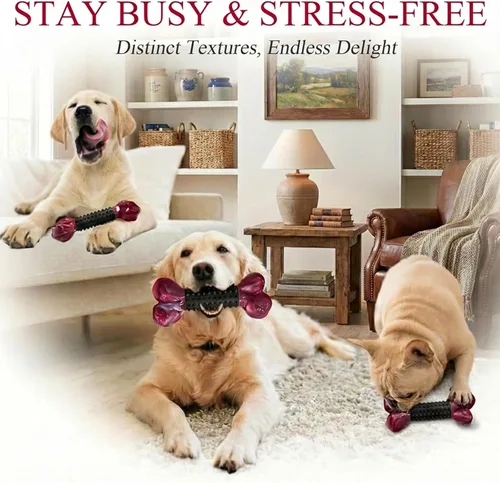 Vista 7 de Apasiri Juguetes resistentes para perros masticadores agresivos de raza grande, hueso para masticar con sabor a tocino, juguete masticable de nailon